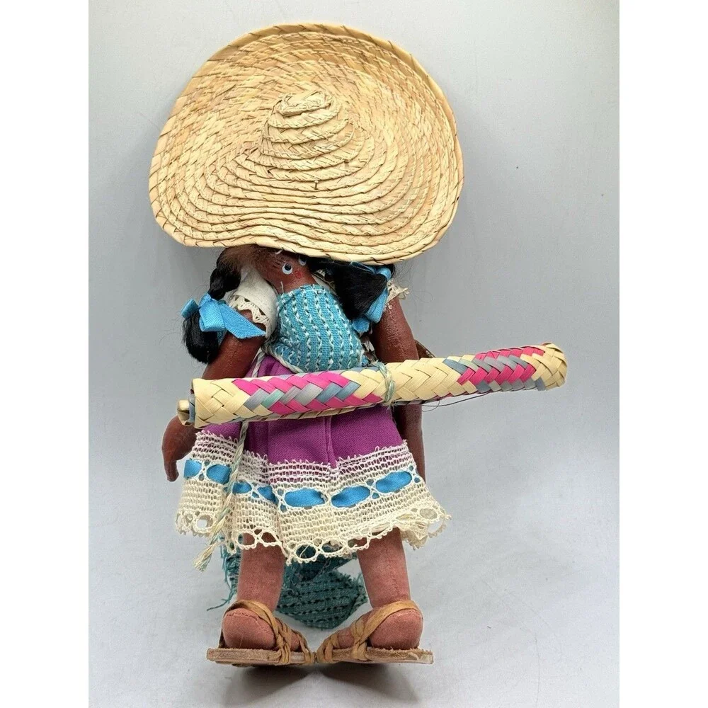 Vintage Jamaican Village Lady Blue Dress Doll w/ Papoose Floppy Hat & Water Jug